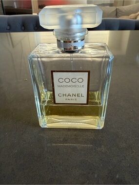 CHANEL Clear Glass Coco Mademoiselle Bottle with Gold Label Accents
